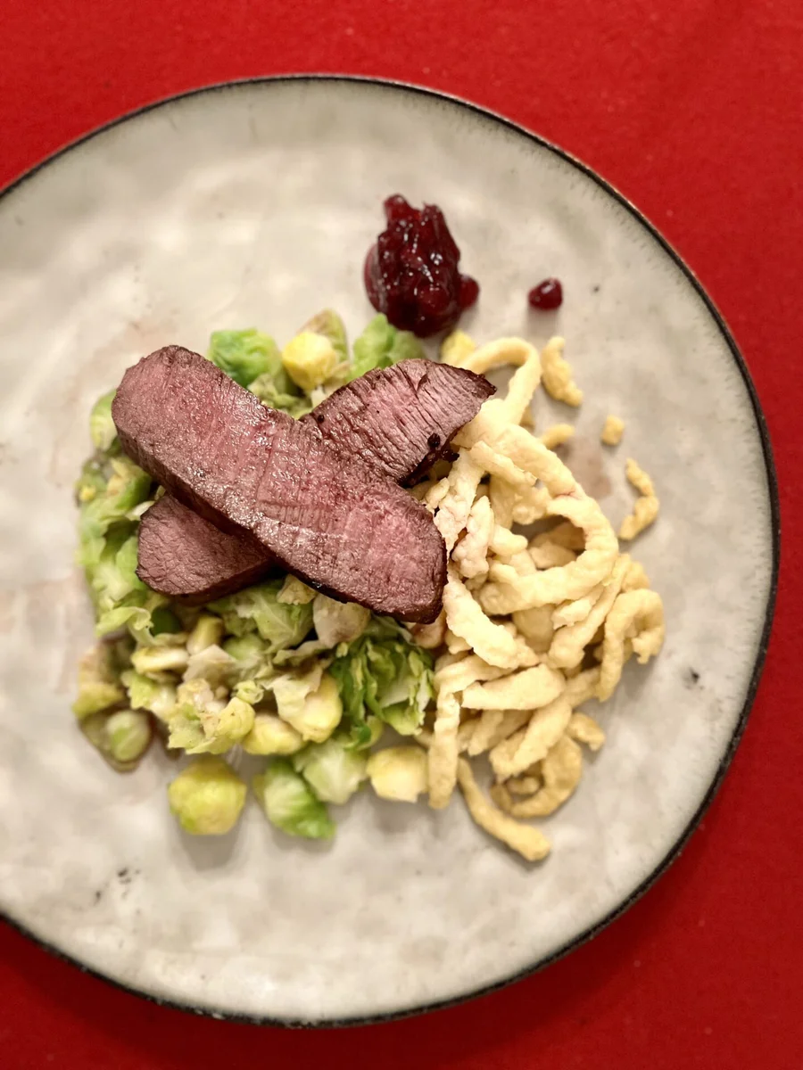 Saddle of deer with Spätzle and Brussel Sprouts