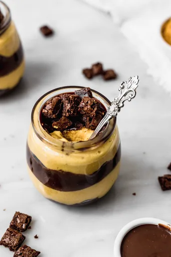 Lucuma Mousse with Brownies and Chocolate Sauce