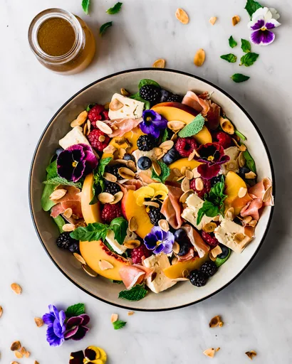 Salad with peaches, berries, brie and prosciutto