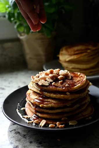 Plantain Pancakes with Spicy Maple Syrup and Peanuts