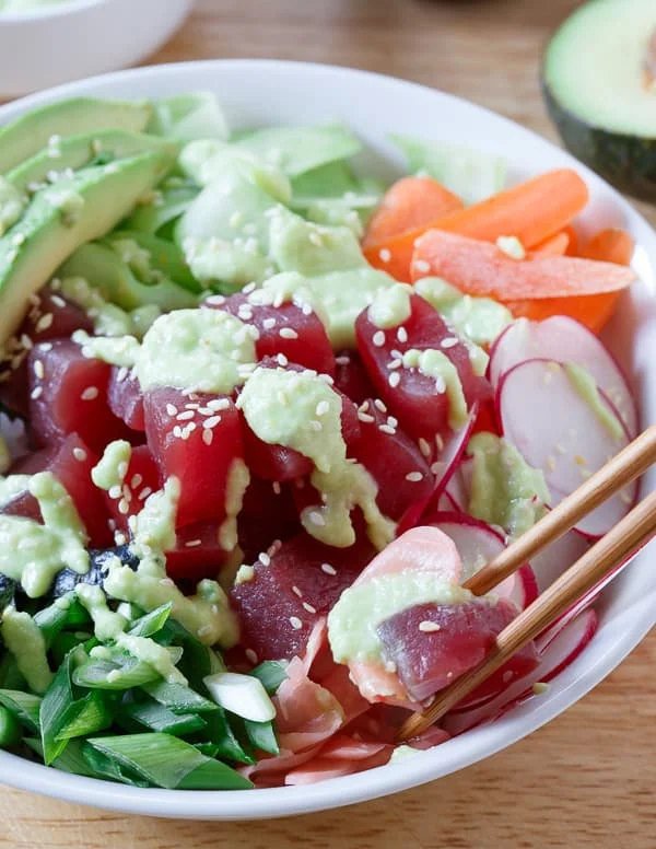 Tuna Sushi Bowl with Avocado Wasabi Dressing