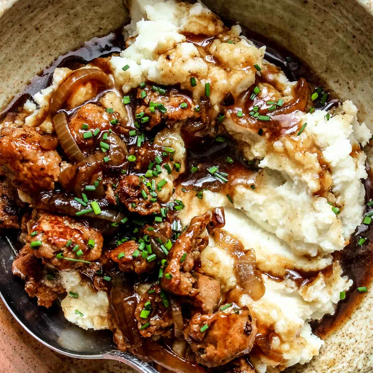 Bangers and Mash with Stout Onion Gravy