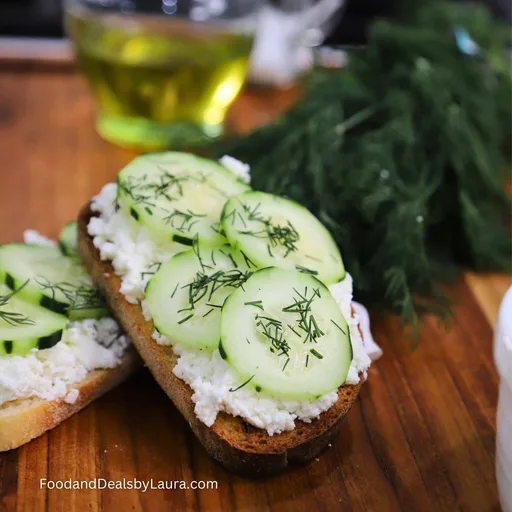 Pan con requesón, pepino y eneldo: desayuno proteico en 5 minutos
