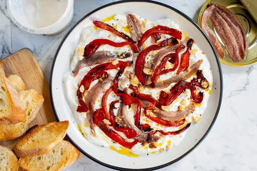 Stracciatella With Anchovies & Balsamic Peppers