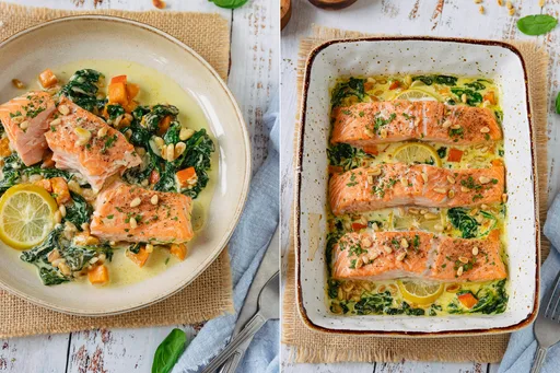Ofenlachs mit Spinat & Zitrone und cremiger Soße | zart & saftig