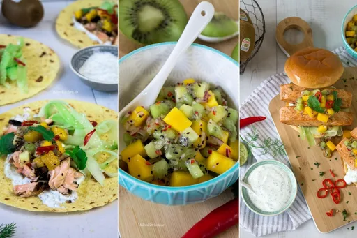 Wraps de salmón con salsa de kiwi y mango y pepino