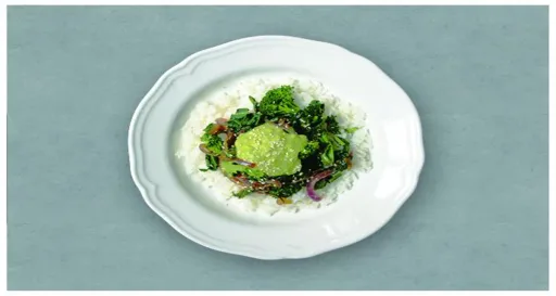 Broccoli and Kale Stir Fry with Rice and Ginger-Avocado Sauce