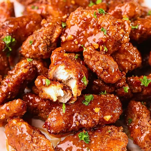 Bocados de pollo crujientes con miel, ajo y picante
