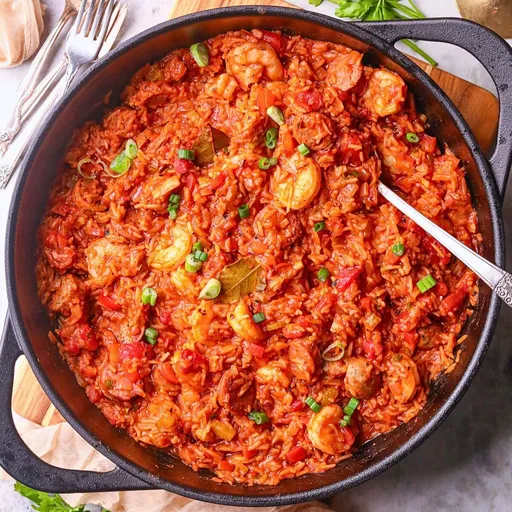 Jambalaya de gambas y salchicha en una sola olla