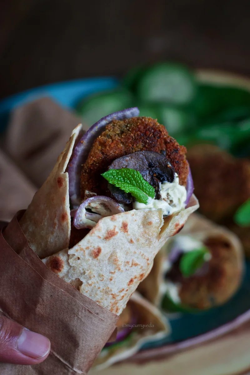 MUSHROOMS AND SWEET POTATO FALAFEL WRAPS