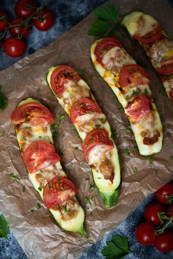 Calabacín horneado con cerdo y mozzarella
