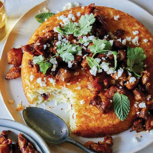 Spiced Chicken Topped Tahchin