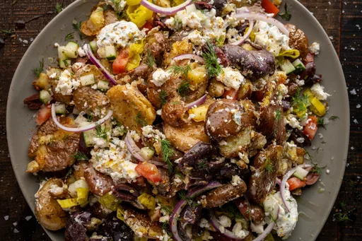 Crispy Smashed Potato Salad with Tzatziki Sauce