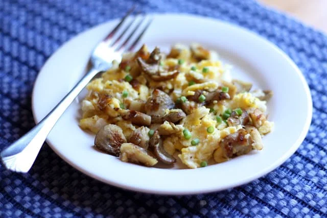 Scrambled Eggs with Oyster Mushrooms and Garlic Scapes