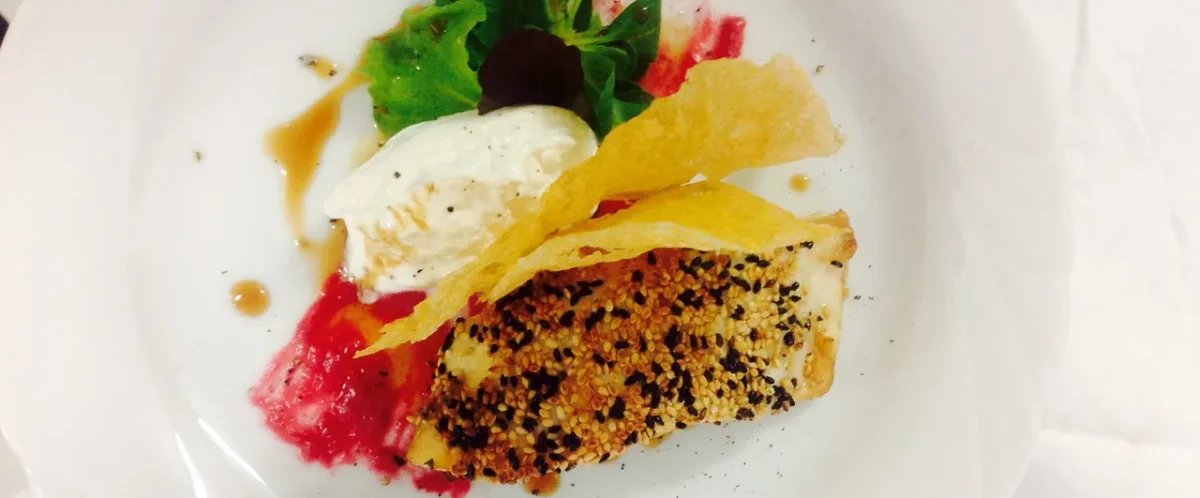 Branzino Crusted in Sesame Seeds with Stracciatella and Teriyaki