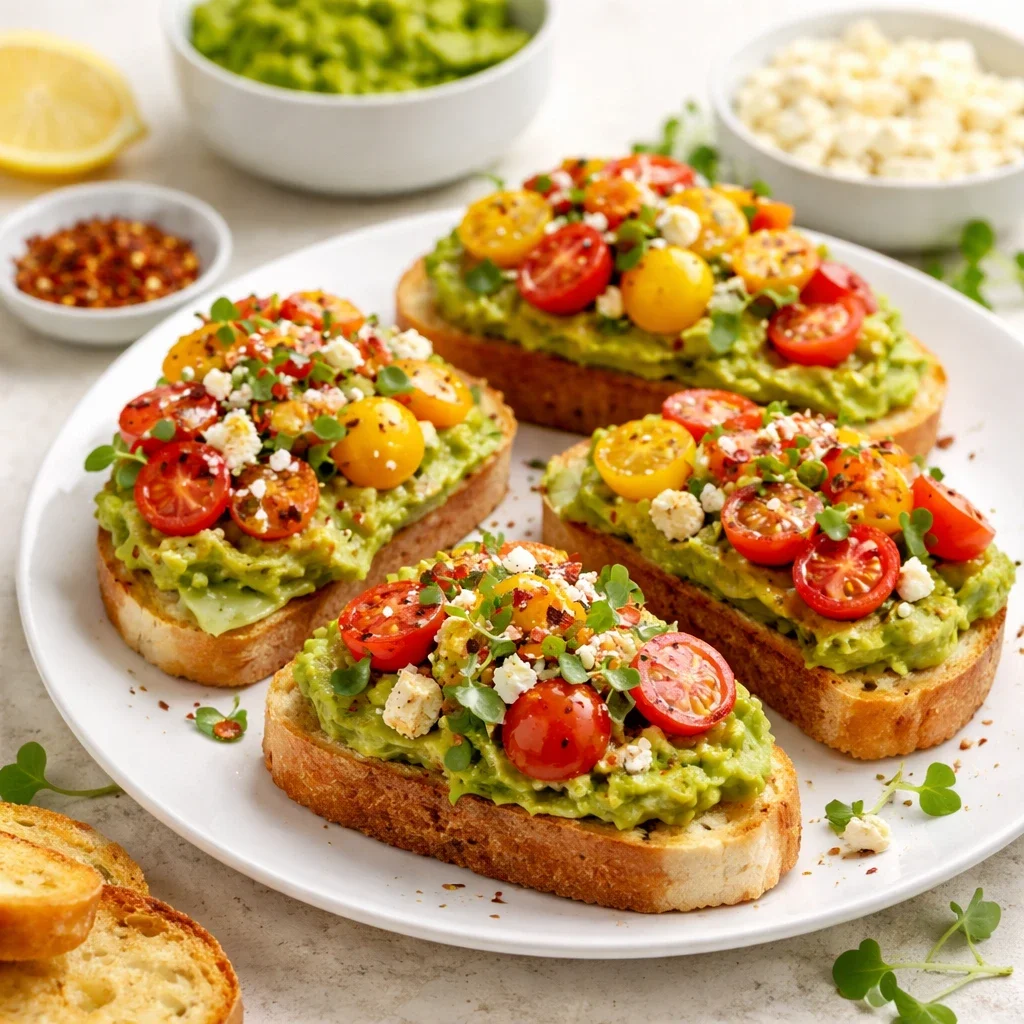 Crostini de aguacate y tomate para el desayuno