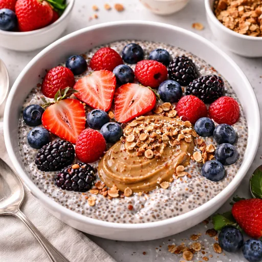 Piatto per la colazione con frutti di bosco e chia, fresco, semplice e saziante