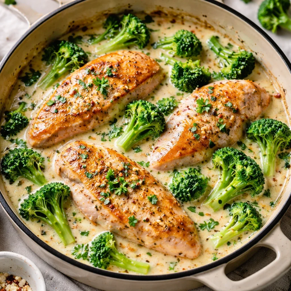 Pollo cremoso all’aglio con broccoli in padella, una cena infrasettimanale appagante da preparare in un’unica padella