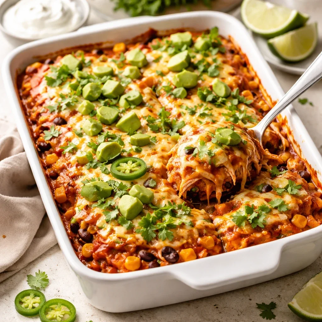 Gratinado de enchiladas de pollo alto en proteínas