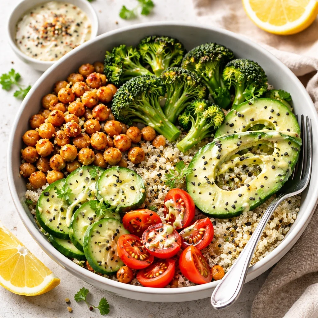 Bol de garbanzos y verduras con limón y ajo