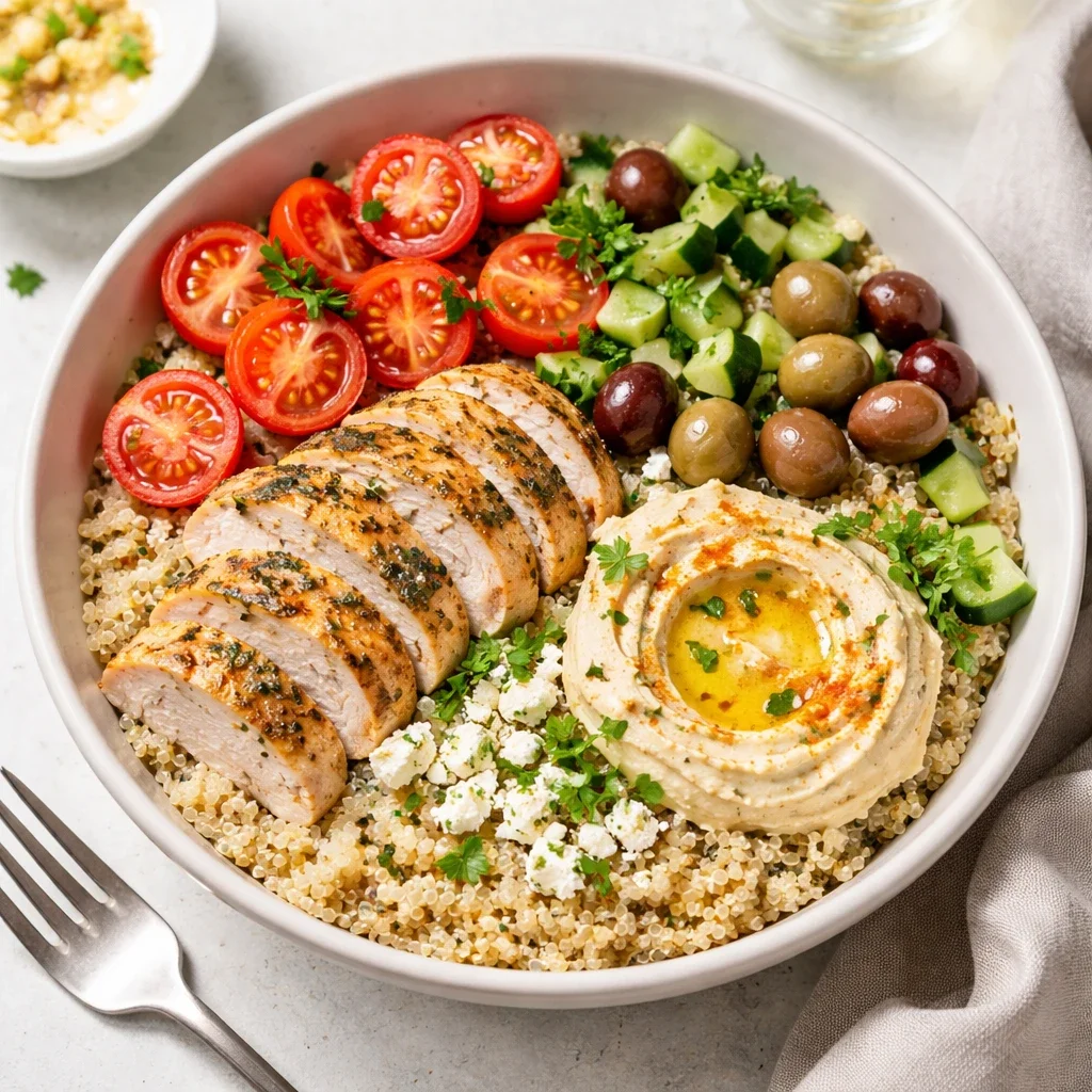 Bol mediterráneo de quinoa, fresco, ligero y saciante