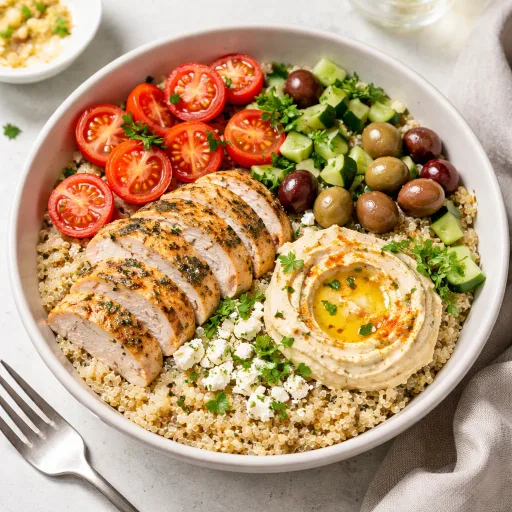 Bol mediterráneo de quinoa, fresco, ligero y saciante