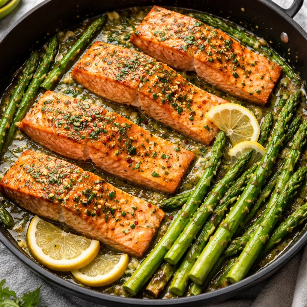Salmão com manteiga de alho e aspargos em uma só frigideira
