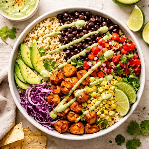 Bowl de tacos de boniato con crema de aguacate, un favorito fresco y lleno de sabor para entre semana