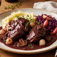 Braised venison leg with red wine sauce