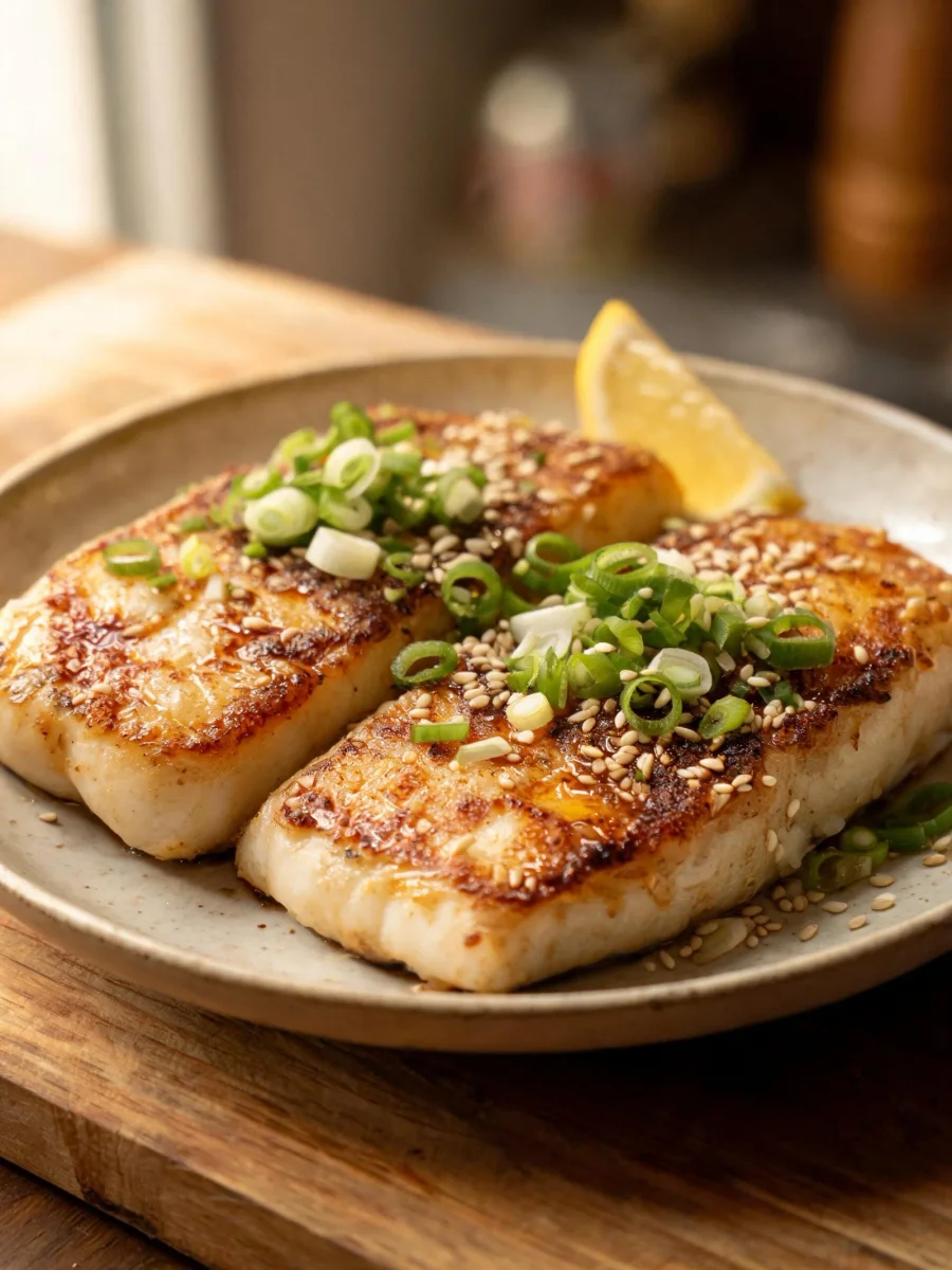 Receita japonesa autêntica de peixe com cobertura de soja e gengibre