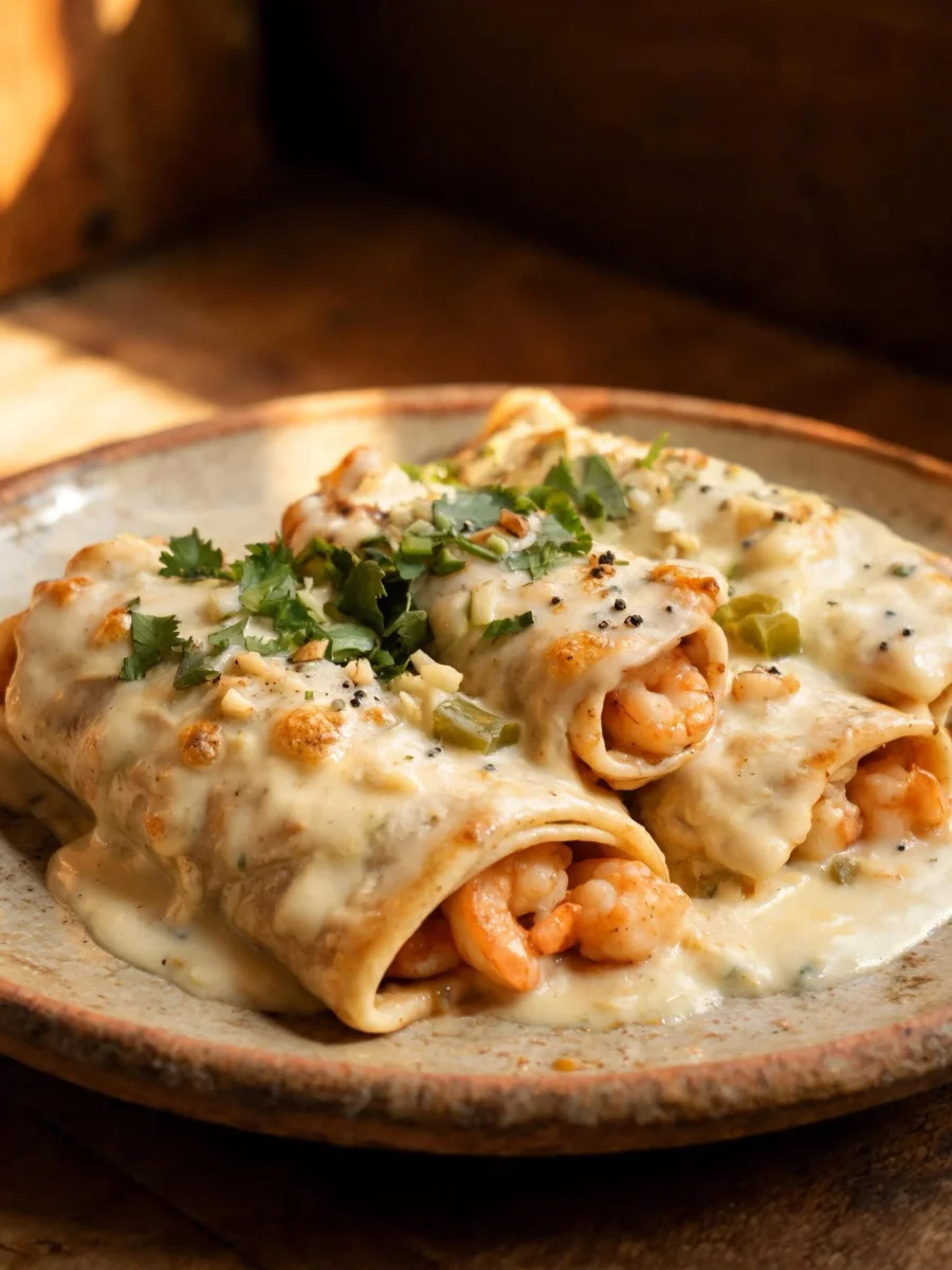 Creamy Shrimp Enchiladas with Cheesy White Sauce