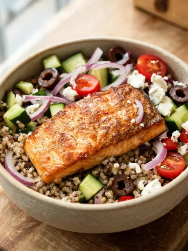 Mediterranean Salmon Bowl Recipe | Healthy Bowl with Quinoa, Veggies and Herbs
