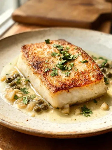 Pan Seared Halibut in Garlic White Wine Sauce
