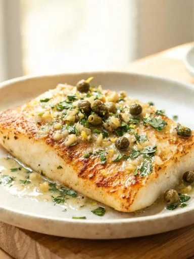 Pan Seared Halibut with Lemon Caper Sauce