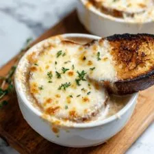French Onion Soup with Gruyere, Mozzarella, and Balsamic Vinegar Recipe