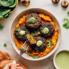 Spicy Black Bean Mushroom Fritters with Cilantro and Avocado Crema Recipe