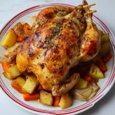 Whole Roasted Chicken Stuffed with Bacon and Celery with Roasted Vegetables Recipe
