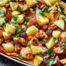 Tacos de pollo y piña en una sartén