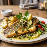 Pan-fried sea bass with lemon butter and capers