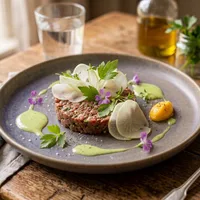 Steak tartare with kohlrabi and lovage vinaigrette