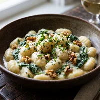 Creamy gnocchi with gorgonzola, spinach and walnuts