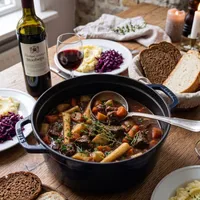 Braised beef cheeks with red wine and root vegetables