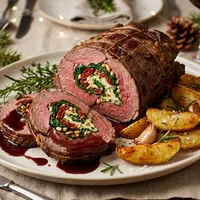 Stuffed rib-eye roast with red wine jus and roasted garlic potatoes