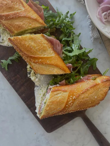 Prosciutto Sandwich with Burrata & Pesto