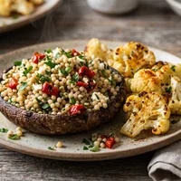 Portobello with pearl couscous and roasted cauliflower