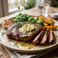 Steak with garlic butter and rosemary