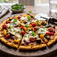 Pizza sin gluten de tortilla de maíz con verduras asadas y mozzarella