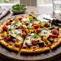 Gluten-free cornmeal-tortilla pizza with roasted vegetables and mozzarella