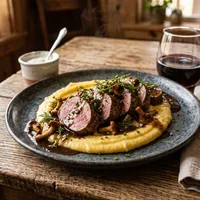Lamb tenderloin with creamy polenta and thyme jus