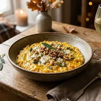 Pompoen-risotto met gorgonzola en walnoten